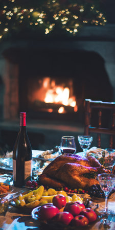 Festive holiday table displaying a roasted turkey, side dishes, wine, and fruit, creating a warm ambiance with a blurred fireplace and bokeh lights in the backgroundの素材