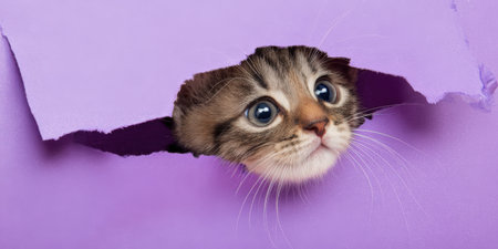 Adorable tabby kitten with wide curious eyes peeking through a torn purple paper hole, playful discovery and surprise expression, studio portrait of a small, alert furry petの素材