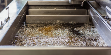 Hot oil actively bubbling in a commercial deep fryer, indicating high temperature and readiness for cooking various food items in a restaurant kitchen environmentの素材