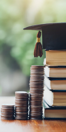 Stacks of coins are growing next to a graduation cap and books, symbolizing rising education costs, tuition fees, financial planning for studies, and the value of investment in learningの素材