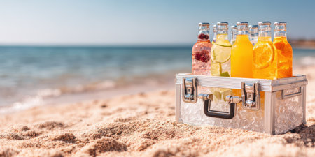 Colorful refreshing beverages chilling in a cooler filled with ice on a sunny sandy beach, representing vacation, relaxation, and a perfect summer day by the oceanの素材
