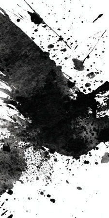 Abstract black ink splashing and splattering on a white background, creating an expressive texture with dynamic brushstrokes and irregular dots, forming a powerful vertical compositionの素材