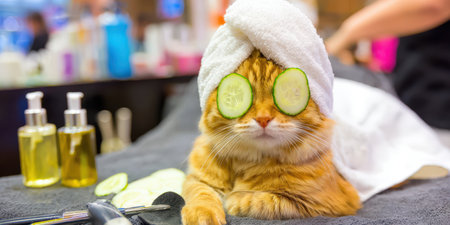 Orange cat enjoying a pampering spa treatment with a white towel wrapped on its head and fresh cucumber slices covering its eyes in a professional salon settingの素材
