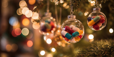 Festive christmas tree branches decorated with clear glass ornaments filled with colorful pills and capsules, symbolizing holiday healthcare, wellbeing and seasonal medical needsの素材