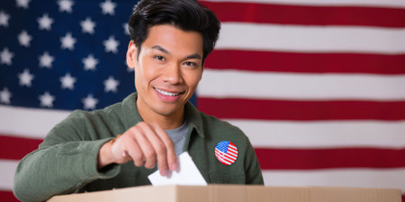 Young man smiling as he casts a ballot into a cardboard box, wearing a us flag pin with an american flag backdrop, participating in democracy and civic dutyの素材