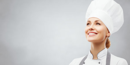 Female chef in white uniform and toque stands against light gray background, smiling confidently while looking upward, conveying ambition, leadership and culinary successの素材