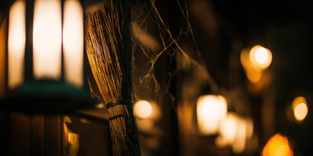 Halloween display showing a traditional straw broom with a dusty spiderweb, illuminated by warm, glowing lanterns in a dark, spooky setting, creating an eerie atmosphereの素材