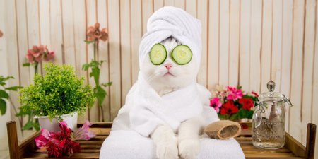 White cat enjoying a pampering spa treatment, wearing a terrycloth towel on its head and body, with cucumber slices covering its eyes for relaxation therapyの素材