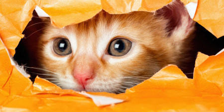 Cute ginger tabby kitten hiding, curiously peeking out with wide eyes through a hole in torn orange paper, portraying concepts of surprise, discovery, and playfulnessの素材