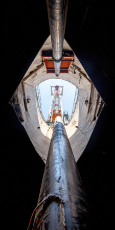 Industrial crane installing a large pipe inside a deeply excavated vertical shaft, highlighting the complex infrastructure work and engineering challenges in underground construction projectsの素材