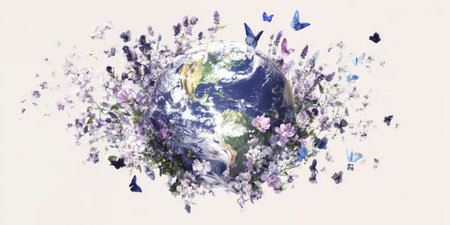 Earth globe embracing life with an abundance of purple flowers and flying butterflies, symbolizing global connection, ecology, and environmental care for a blooming planetの素材