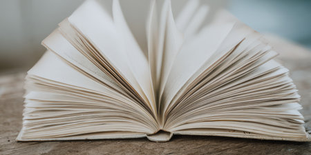 Open book with fanned blank pages resting on a rustic wooden surface, representing concepts of knowledge, learning, education, and storytelling awaiting discoveryの素材