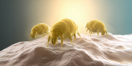 Dust mites colonizing a skin-like surface, illustrating common allergens and microscopic organisms responsible for triggering allergic reactions and impacting human healthの素材
