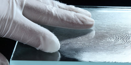Wearing white protective gloves, a forensic expert lifts a clear visible fingerprint from a glass surface, collecting crucial evidence for criminal investigation and identificationの素材