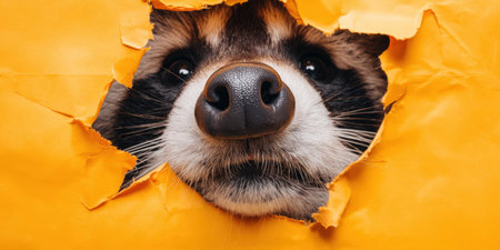 Raccoon peeking its snout and eyes through a torn orange paper, showing curiosity and discovery with a playful expression, looking directly at the viewerの素材