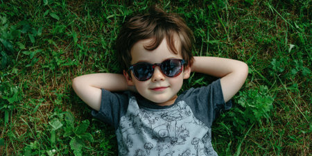 Young boy lying on his back in green grass, wearing sunglasses and smiling directly at the camera, conveying childhood, summer relaxation, and happiness outdoorsの素材