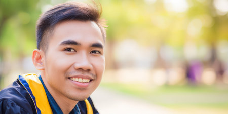 Young asian male university student celebrating graduation, wearing academic regalia and looking at camera with a happy, optimistic smile in an outdoor settingの素材