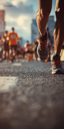 Runner's legs and sneakers pounding city asphalt during a marathon, capturing endurance, speed, training intensity and competitive, determined urban race atmosphereの素材