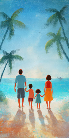 Family of four holding hands, walking along a sunny palm-fringed beach toward clear blue sea, enjoying a relaxed tropical summer vacation and joyful togetherness by the oceanの素材