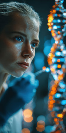 Female scientist in a modern laboratory intently examining a glowing abstract digital representation of a dna double helix, symbolizing genetic research and biotechnologyの素材