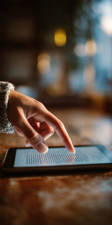 Person's hand interacting with a tablet or e-reader device, touching the screen while reading digital content, representing modern learning and technology useの素材