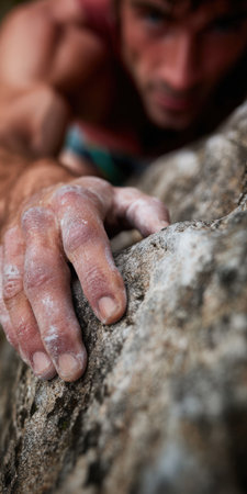 Experienced male rock climber using chalky hand to grip a rough vertical rock surface, showing strength, determination, and focus during an extreme outdoor sport activityの素材