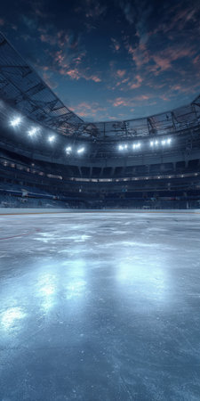 Ice hockey rink occupying an expansive, empty sports stadium under a dramatic twilight sky, with bright floodlights illuminating the textured ice surface and seating rowsの素材