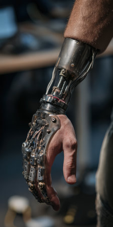 Human arm fused with a sleek bionic prosthetic hand, highlighting advanced medical engineering and cybernetic integration for rehabilitation, precision, and future human augmentationの素材