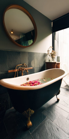 Vintage clawfoot bathtub in a dark bathroom filled with water and floating red and pink rose petals, creating a relaxing spa atmosphere for a luxurious bath experienceの素材
