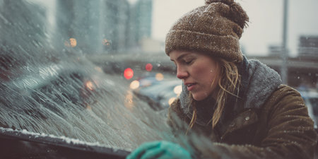 Woman in winter hat and warm jacket scraping thick ice from a frozen car windshield on a cold, snowy city morningの素材
