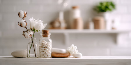 Arranging natural and organic beauty products with white cotton flowers, pebbles, and soap bars on a clean white bathroom shelf, creating a serene and minimalist wellness conceptの素材