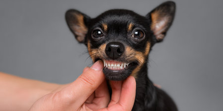 Cute black and brown miniature pinscher chihuahua mix dog having its healthy, white teeth examined by a person's hand, highlighting veterinary dental care and pet hygieneの素材