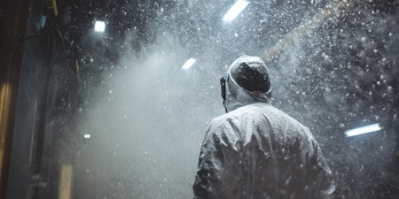 Worker wearing a protective hazmat suit cleaning a dusty industrial factory workspace with a high-pressure spray, creating a cloud of white particulatesの素材