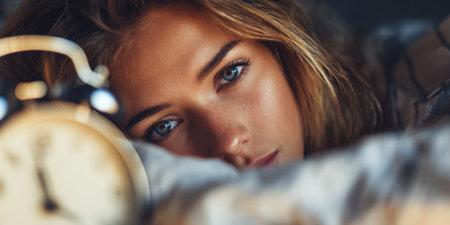 Young woman lying awake in bed, eyes open and tired beside an alarm clock, struggling with sleeplessness, anxiety and exhaustion late at night and into the early morningの素材