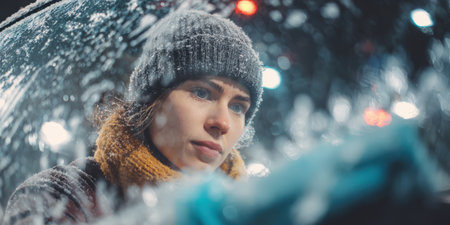 Young woman scraping thick ice from her car's windshield with an ice scraper during a cold winter night, preparing to drive through the frozen weatherの素材