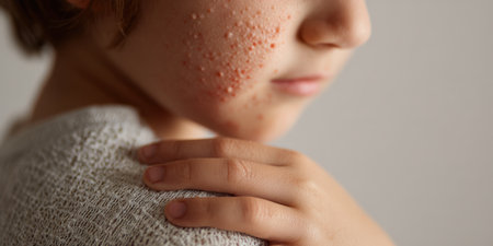 Child experiencing a skin problem, showing red and white pimples on the face, indicating a possible allergic reaction or other dermatological condition requiring medical attentionの素材
