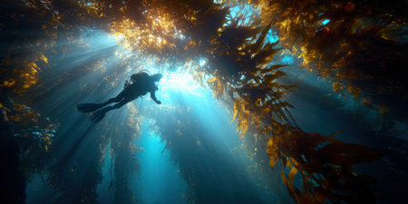 Scuba diver swimming through a towering kelp forest, with vibrant sunbeams piercing the ocean surface and illuminating the tranquil underwater ecosystem, representing exploration and nature's beautyの素材