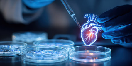 Scientist's gloved hand interacting with a glowing holographic heart while a pipette dispenses liquid into a petri dish, symbolizing advanced medical research and biotechnology innovationの素材