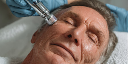 Senior man relaxing with eyes closed while a professional cosmetologist performs a microdermabrasion procedure on his face at a beauty clinic or medical spaの素材
