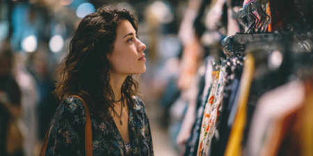 Young woman shopping for clothes in a clothing store, looking closely at garments on a rack while making a purchasing decision, reflecting consumer lifestyleの素材