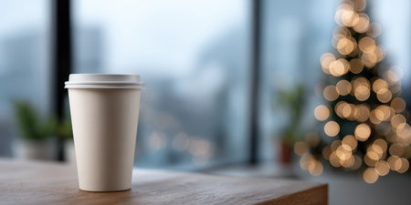 Disposable coffee cup on a wooden table with warm bokeh Christmas lights in the blurred background, creating a cozy winter morning holiday atmosphere for seasonal lifestyle useの素材