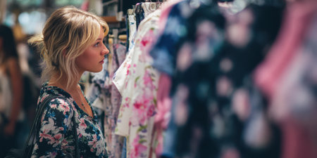 Young woman browsing clothing racks in a boutique, carefully considering purchases, symbolizing consumerism, choice, and personal style in a modern shopping environmentの素材