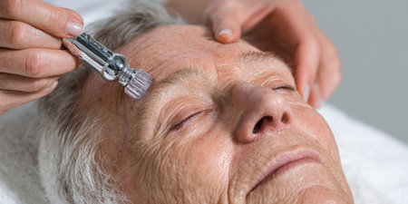 Senior woman having a professional anti-aging microneedling treatment on her forehead for skin rejuvenation, focusing on wrinkle reduction and improving skin texture at a beauty clinicの素材