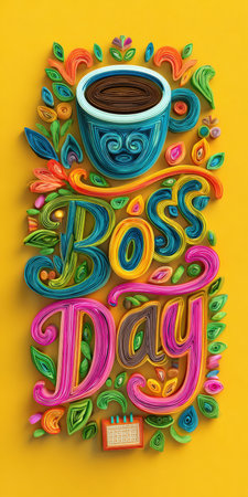 Quilling artwork creating a vibrant boss day typography design featuring a colorful coffee cup, surrounding decorative paper elements, and a small calendar, set on a bright yellow backgroundの素材