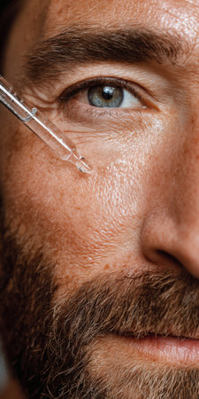 Man applying rejuvenating serum with a dropper near his eye, hydrating his facial skin and beard, emphasizing daily grooming, anti-aging, and professional beauty care for healthy appearanceの素材