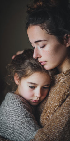 Mother holding her young daughter close, offering a tender hug and comforting embrace, portraying deep love, emotional connection, and family bond in a vertical portraitの素材