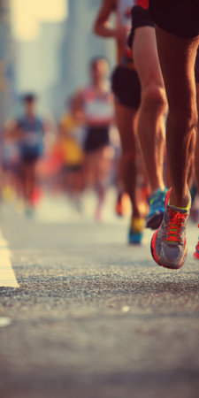 Athletes' legs and running shoes filling the frame, showing movement and determination during an intense road competition with other blurry participants in the backgroundの素材