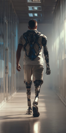 Cyborg man with advanced prosthetic arm and bionic legs moving down a long, well-lit corridor, symbolizing future technology, human enhancement, and medical innovationの素材
