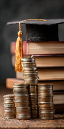 Graduation cap resting on a stack of academic books, illustrating education investment costs, scholarship funding, and student loan savings for future financial successの素材