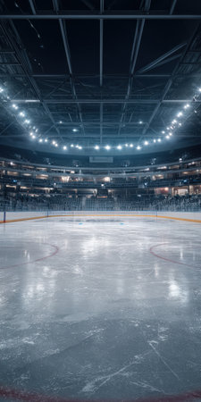 Empty ice hockey rink brightly lit within a large stadium arena, showcasing the vast seating and overhead lighting, creating an atmosphere ready for professional winter sports or competitionの素材